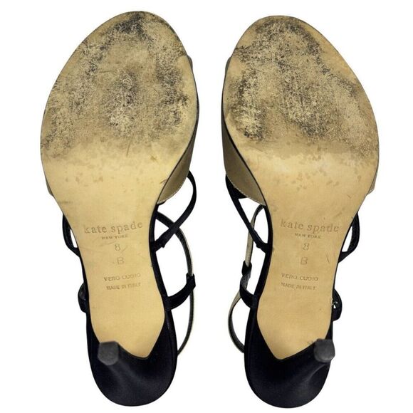 Kate Spade Strappy Heels Sandals 8 B Satin Gold Black Bows  Kate Spade Strappy Heels Sandals 8 B Satin Gold Black Bows Glam Feminine Formal